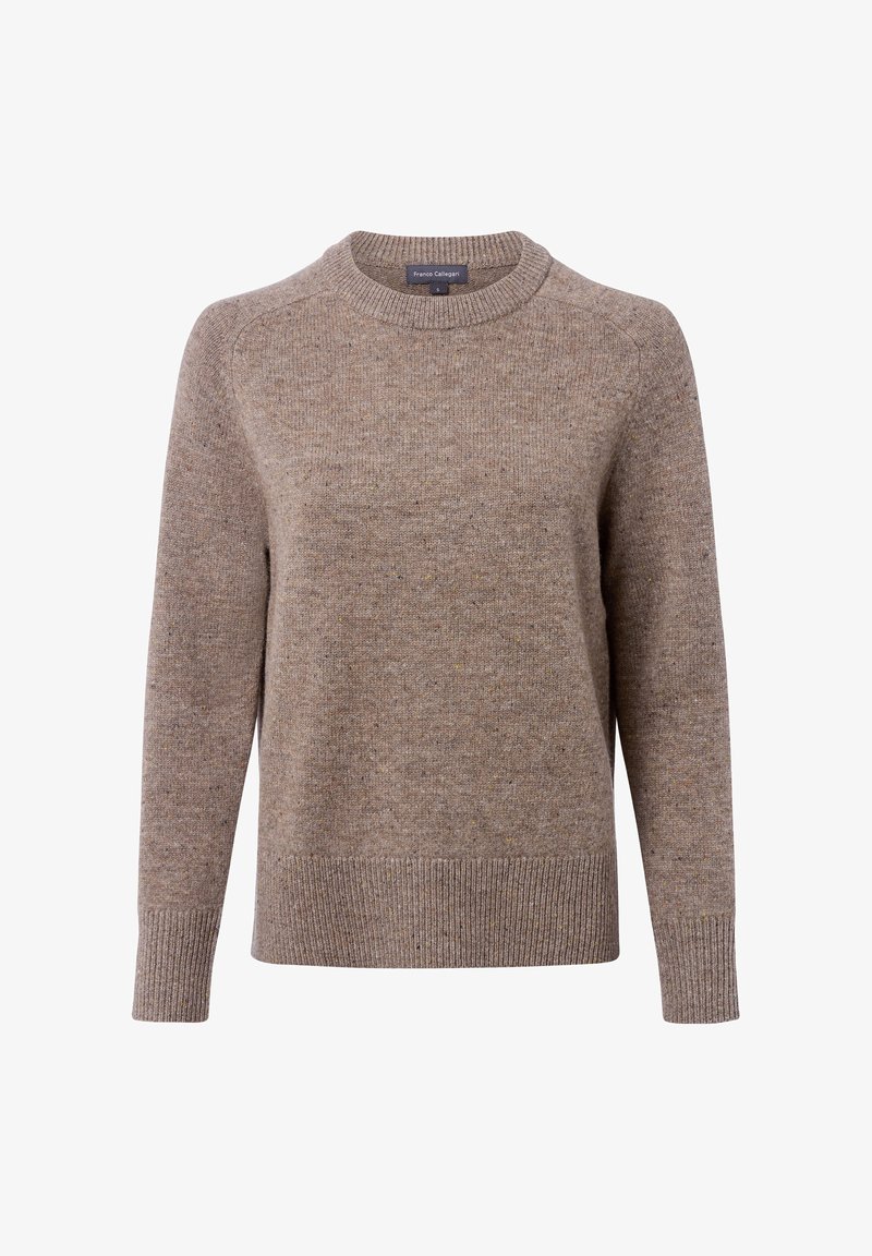 Brauner Strickpullover mit rundem Halsausschnitt, Raglanärmel und geripptem Saum. Hergestellt aus texturiertem Stoff mit mehrfarbigen Sprenkeln.