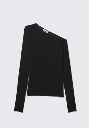 Asymmetrisch zwart lang mouwtop met een enkele off-shoulder ontwerp. Beschikt over een gladde brei-textuur en een discreet merkembleem bij de halslijn.