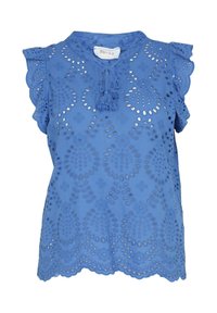 Blusa azzurra chiara con intricati motivi floreali tagliati al laser, maniche scallop e scollo rotondo con dettagli a nappa.