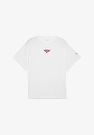 White cotton t-shirt with a graphic logo in red and black at the center and small pink branding on the left sleeve; relaxed fit, short sleeves.