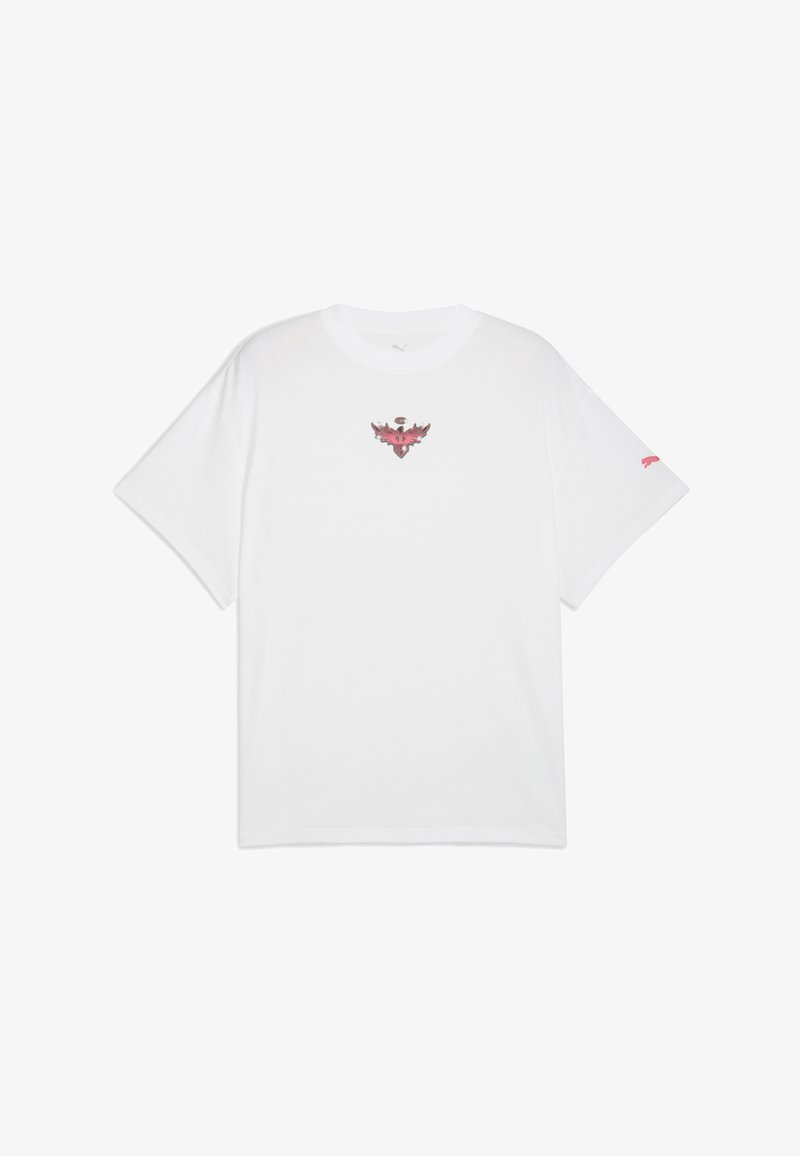 White cotton t-shirt with a graphic logo in red and black at the center and small pink branding on the left sleeve; relaxed fit, short sleeves.