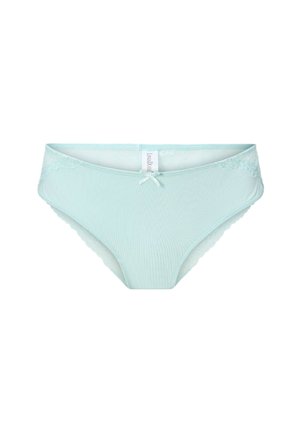 Bragas de mujer en azul claro con textura acanalada, acentuadas con encaje floral en los laterales y un pequeño lazo en la parte delantera.