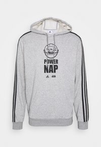 Grauer Kapuzenpullover mit schwarzen Akzenten, ausgestattet mit einem "POWER NAP"-Grafik- und Cartoon-Design, aus weichem Stoff mit Fronttasche und verstellbarer Kapuze.