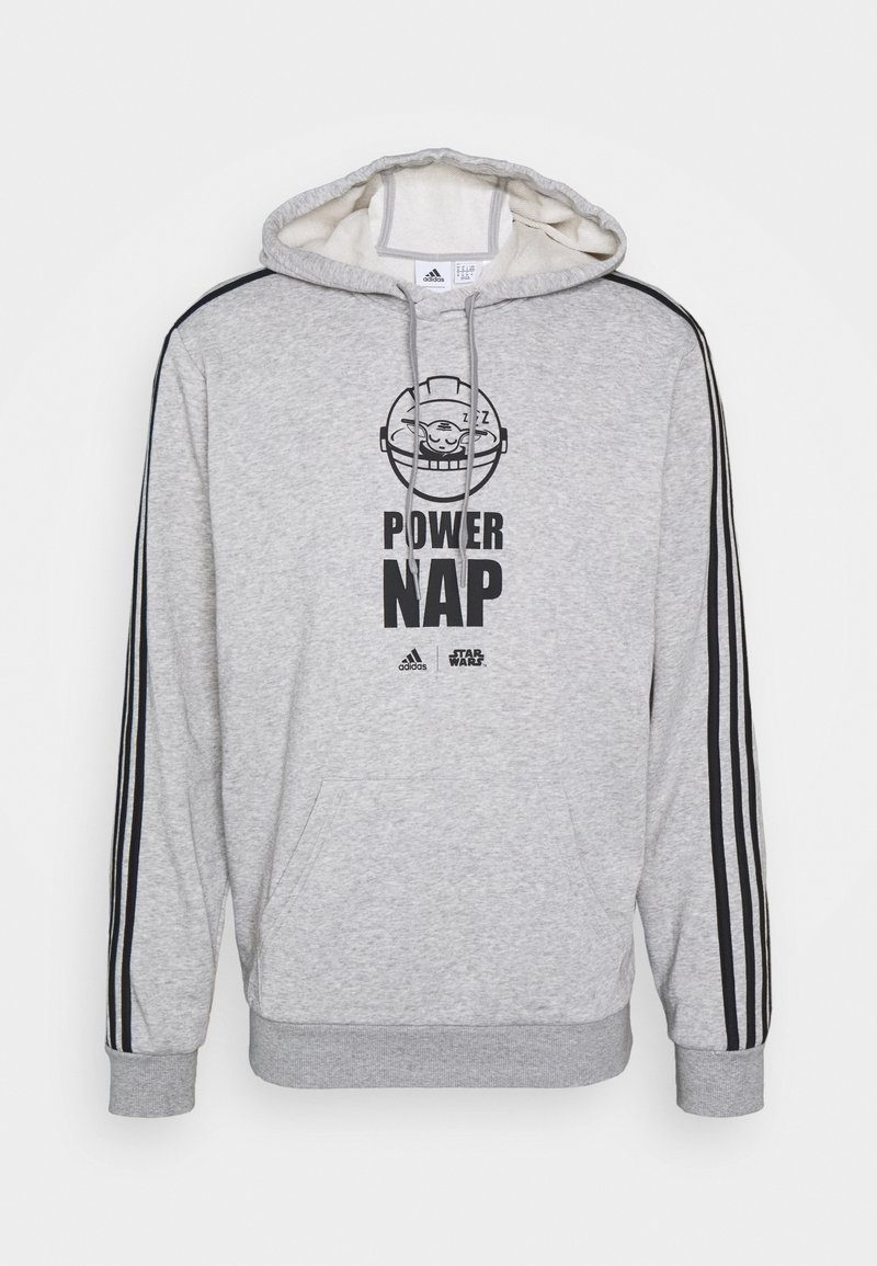 Grauer Kapuzenpullover mit schwarzen Akzenten, ausgestattet mit einem "POWER NAP"-Grafik- und Cartoon-Design, aus weichem Stoff mit Fronttasche und verstellbarer Kapuze.