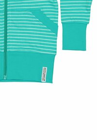 Turkos zip-up jacka med vita horisontella ränder, med två framfickor, ribbade ärmslut och en etikett på den nedre fållen.