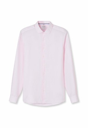 Light pink long-sleeve button-up shirt with collar, seven white buttons, and single-button cuffs on a white background.