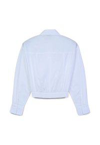 Weiße, gekürzte Jacke mit Kragen, langen Ärmeln und elastischem Bund. Glattes Material mit schlichter Gestaltung und geknöpften Manschetten.