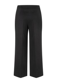 Zwarte wijde broek met een gladde textuur, elastische tailleband en geen zichtbare sluitingen of zakken. Op maat gemaakt voor een ontspannen pasvorm.