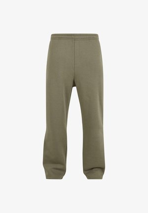 Pantaloni sportivi con elastico in vita color verde oliva, dalla vestibilità rilassata e design semplice, mostrati su uno sfondo bianco.