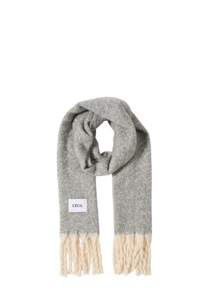 Grau gewebter Schal mit einem Fischgrätmuster, der cremefarbene Fransen an den Enden und ein weißes Etikett mit dem Text "CECIL" aufweist.