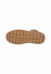 Suela de goma marrón con profundos relieves para un mejor agarre, logo en relieve y un acabado texturizado, diseñado para la durabilidad y la tracción.