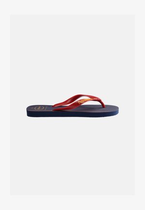 Infradito blu con suola texturizzata e cinturini rossi con il logo "Havaianas" giallo su sfondo bianco.