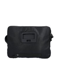 Borsa messenger nera in pelle con forma rettangolare, patta frontale, dettaglio in gomma e tasca con zip nella parte inferiore. Texture liscia.