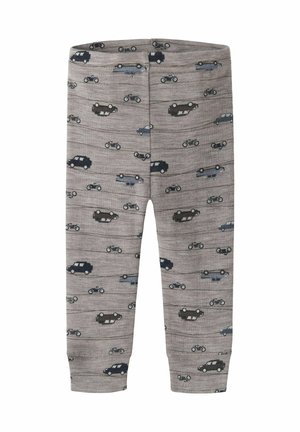 Grå leggings til børn med et mønster af små mørke og lyse biler og motorcykler, jævnt fordelt over stoffet.
