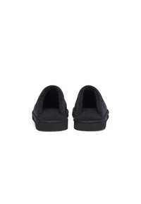 Black slippers with a soft, fluffy interior, open back, and flat rubber sole, featuring a simple, minimalist design. No patterns or accents.