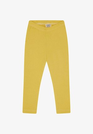 Gelbe Baumwollleggings mit einem elastischen Bund, die eine glatte Textur und einen figurbetonten Schnitt aufweisen, geeignet für Freizeitkleidung.