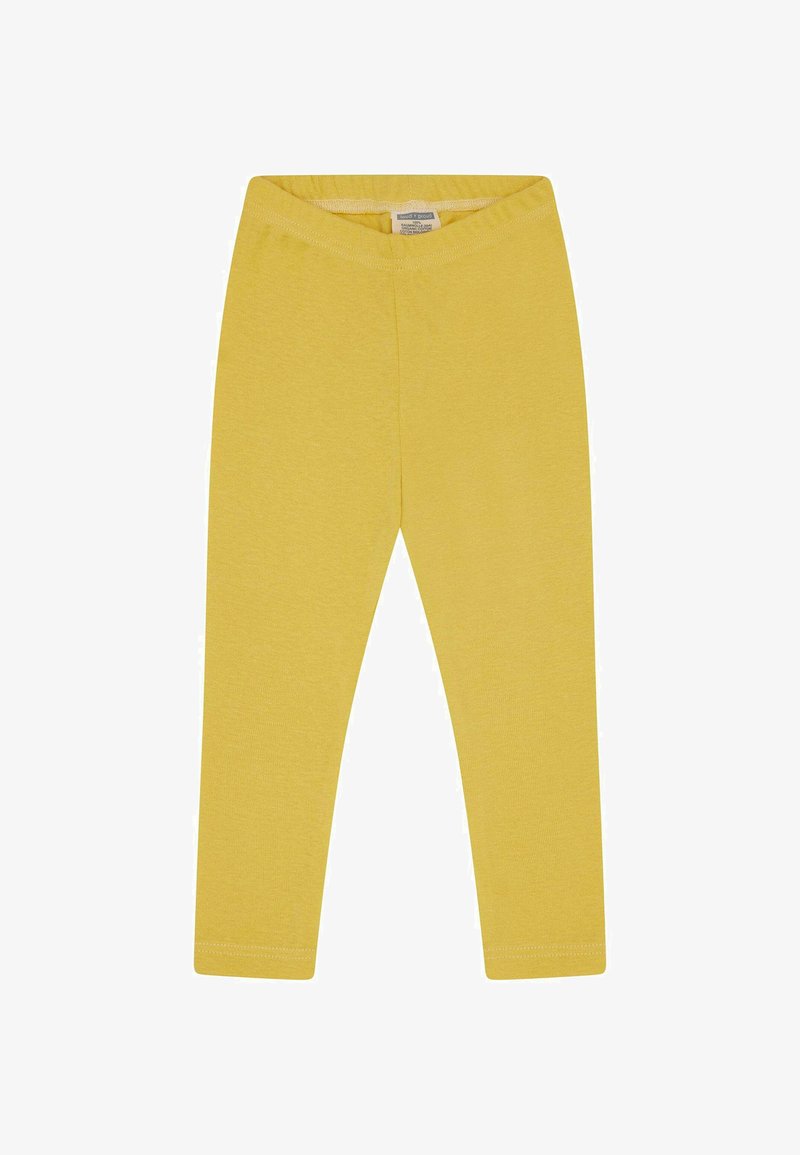 Leggings di cotone gialli con cintura elastica, caratterizzati da una texture liscia e un design aderente, adatti per un abbigliamento casual.