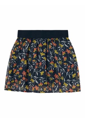 Jupe fleurie avec un fond marine, ornée de fleurs jaunes, roses et blanches. Design doux, plissé, avec une taille noire unie.