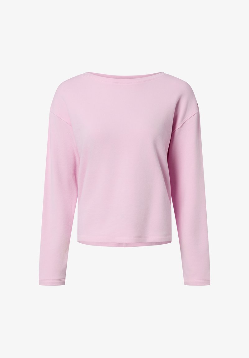 Top rosa a maniche lunghe in tessuto morbido, con scollo ampio, vestibilità rilassata e orlo dritto. Nessun motivo o dettaglio presente.