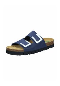 Navy blue slide sandal featuring two wide straps with white accents, cork footbed, and a textured black rubber sole.