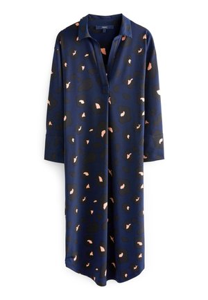 Lange donkerblauwe overhemdjurk met zwarte en lichtroze luipaardprint, een kraag en een voorste plooi met knopen.