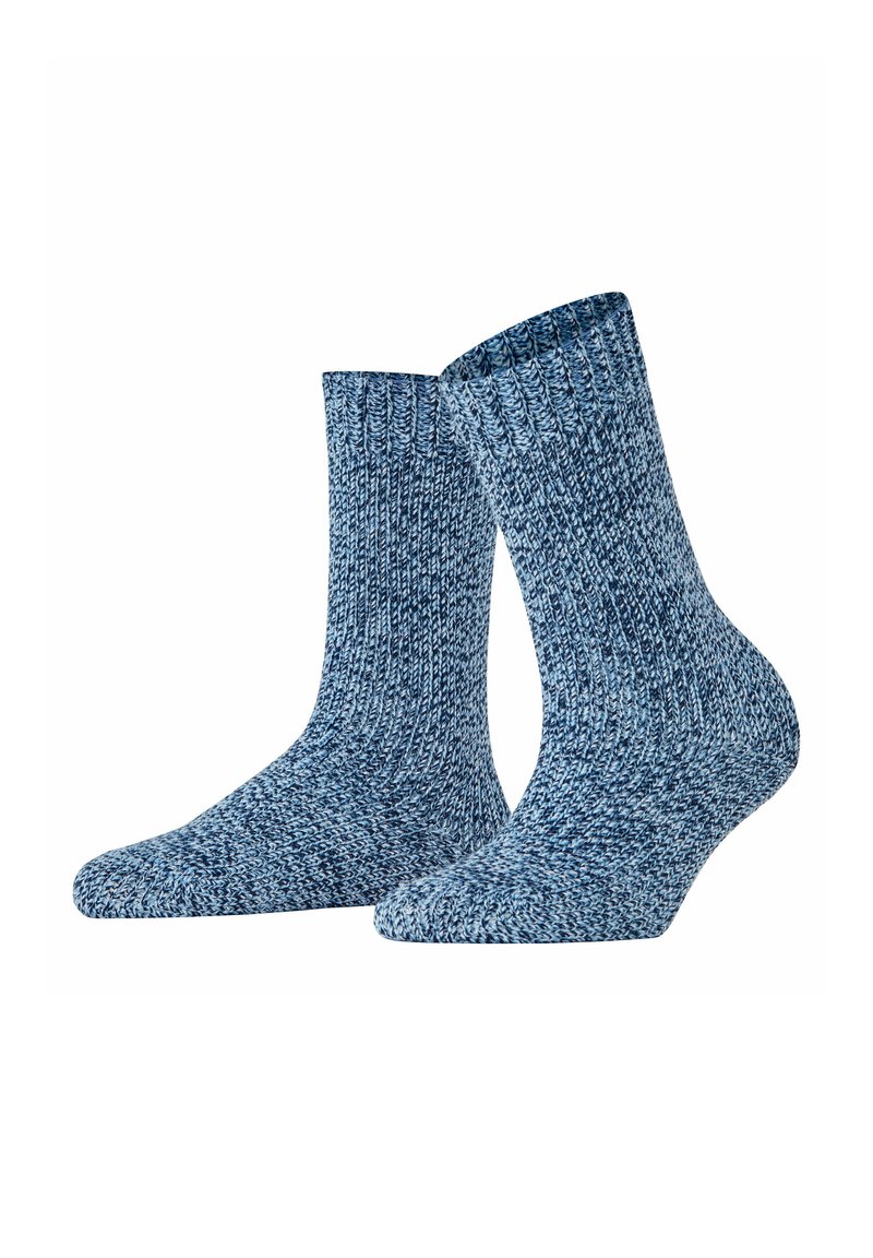 Chaussettes bleues texturées avec un poignet côtelé, présentant un motif tricoté multicolore et une pointe lisse et arrondie, de longueur mi-mollet.