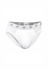 Weiße Herrenunterhosen mit grauem Gummibund und dem "CR7"-Logo. Hergestellt aus weichem Baumwoll-Mischgewebe.