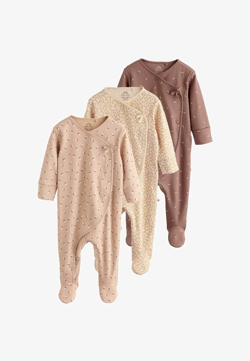 Set of three infant rompers in soft fabric. Features include snap closures, ribbed texture, pastel colors, and subtle printed patterns.