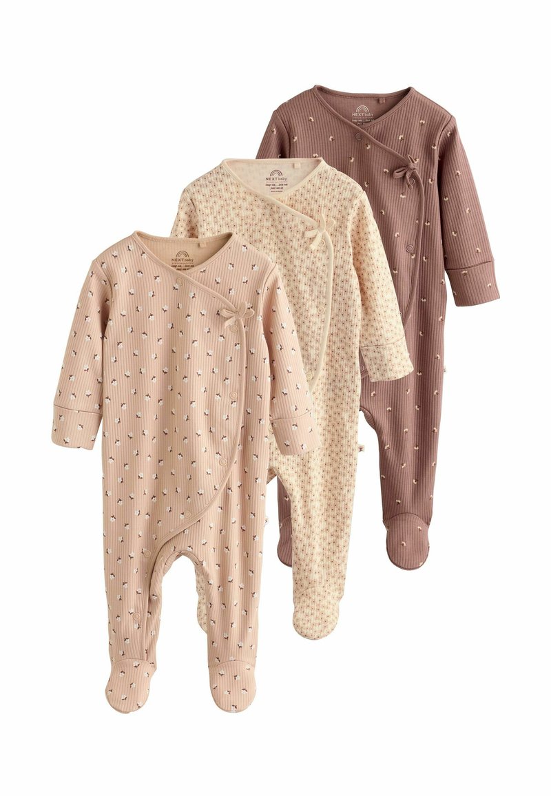 Kolm osa imikute kombinesoone pehmest materjalist. Omadusteks on nööpidega kinnitused, ribakujuline tekstuur, pastelsed värvid ja peened trükitud mustrid.