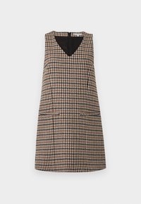 Vestido sem mangas em padrão pied de poule castanho com decote em V profundo e forro preto. Apresenta bolsos frontais e fecho de zipper nas costas.