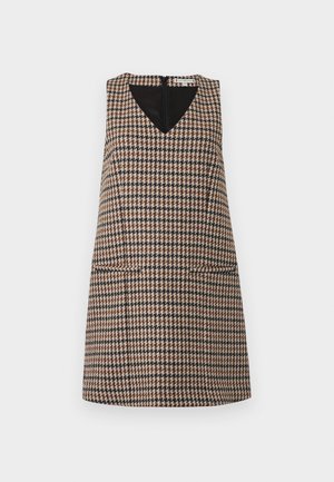 Õlavarreta kleit pruuni houndstooth musteriga, sügava V-kaelusega ja musta voodriga. Omab esimesi taskuid ja seljaosa tõmblukk.