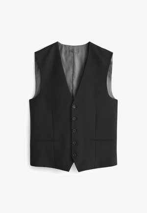 Vesta neagră cu decolteu în V, închidere cu cinci butoni, două buzunare laterale și căptușeală cu finisaj satinat pe spate. Textură de țesătură netedă.