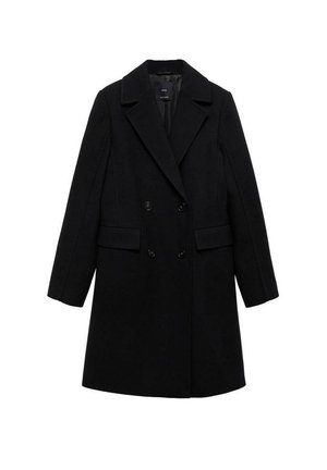 Svart ullblandad dubbelknäppt kappa med urtagna slag, två framfickor och svarta knappar, som har en slät, strukturerad design.