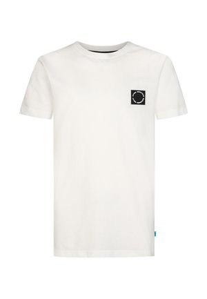 Wit T-shirt met korte mouwen, een ronde hals en een klein zwart vierkant logo op de linkerborst.