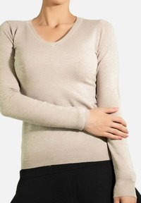 Pull beige à manches longues avec un col en V, fabriqué en tissu doux, doté de poignets et d'un ourlet côtelés, texture lisse sans motifs ni accents.