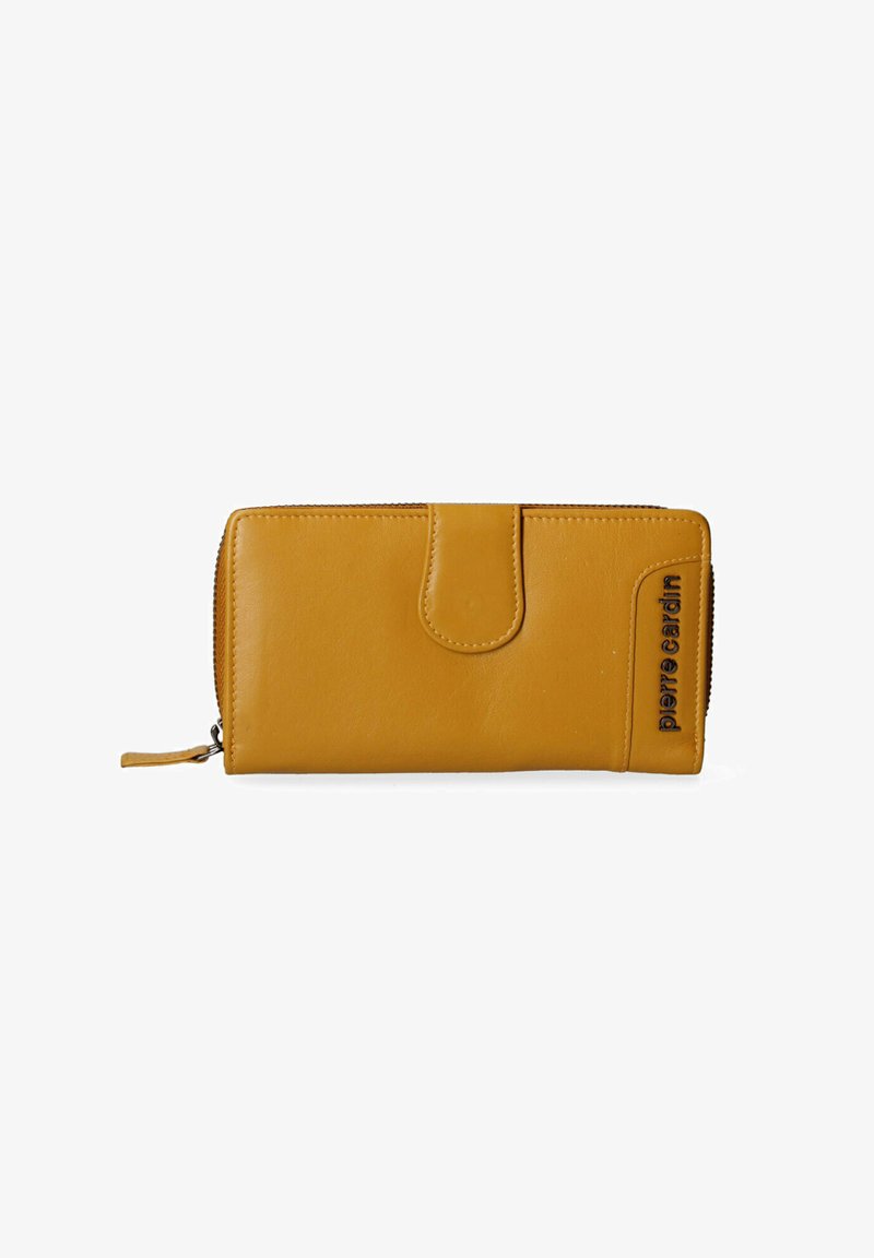 Portefeuille en cuir jaune avec fermeture éclair et bouton-pression. Dispose d'une texture lisse et d'un logo embossé à l'avant. Design compact.
