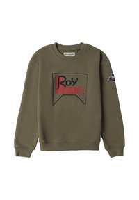 Felpa verde oliva con un grafico logo nero e rosso al centro. Presenta polsini e orlo a coste, e un'etichetta sulla parte superiore della manica.