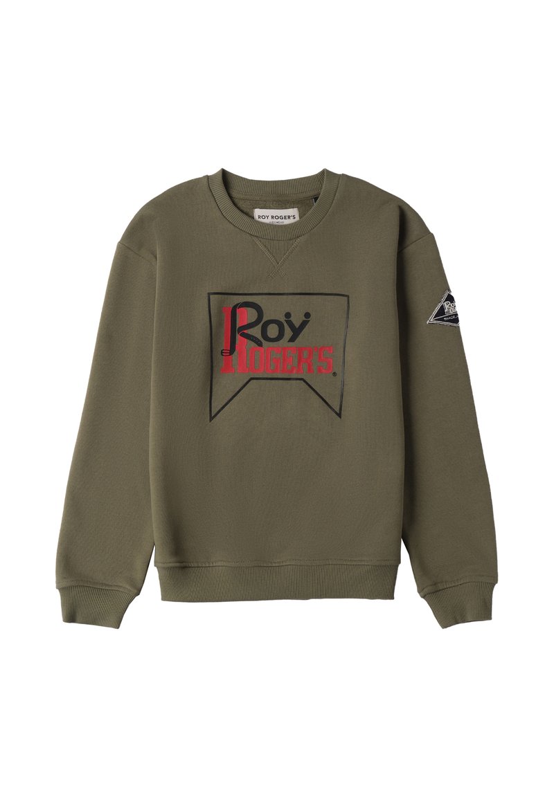 Felpa verde oliva con un grafico logo nero e rosso al centro. Presenta polsini e orlo a coste, e un'etichetta sulla parte superiore della manica.