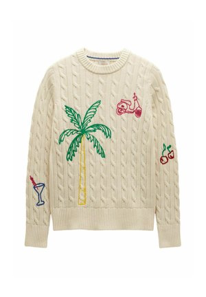 Cream cable-knit sweater with embroidered palm tree, pink scooter, red cherries, and blue cocktail glass on sleeves and front.