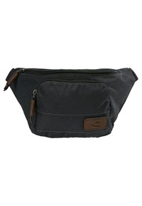 Sac banane en tissu noir avec deux compartiments zippés, tirettes de fermeture éclair en cuir marron et écusson logo sur la poche avant.