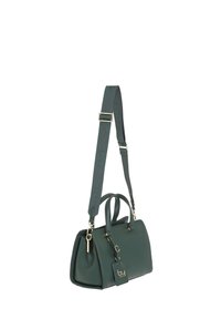 Borsa a tracolla in pelle verde con dettagli in oro, manici superiori doppi e una tracolla rimovibile con un motivo decorativo.
