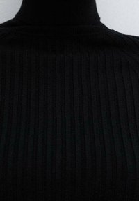 Pull à col roulé noir côtelé, présenté de la poitrine au cou sur un fond clair uni.