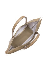 Borsa in pelle color beige con due manici, dotata di una chiusura zip e di un ampio interno. Texture morbida e liscia con un design minimalista e fodera di colore chiaro.