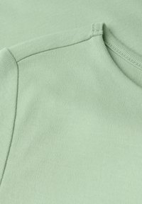 Lichtgroene t-shirtstof met een soepele textuur, featuring een ronde halslijn en korte mouwen. Stiksels zijn zichtbaar langs de naden.