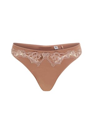 Nude string met bloemenkant langs de tailleband, met een zachte textuur en een lage taille. Maat M aangegeven op het label.
