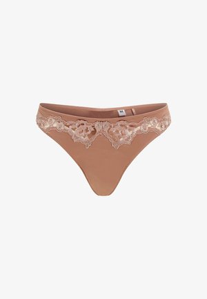 Nudefarbener Tanga mit floraler Spitzenverzierung am Bund, verfügt über eine glatte Textur und ein niedrig sitzendes Design. Größe M auf dem Etikett angegeben.