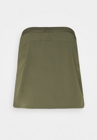 Hame olive vihreänä, valmistettu kevyestä kankaasta, jossa on sileä pinta, leveä vyötärö ja suora siluetti. Viimeistely puhtaalla helmapäällä.