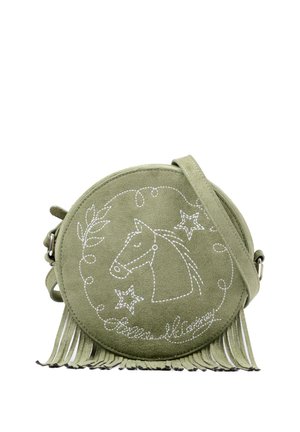 Borsa a tracolla rotonda in camoscio verde oliva con testa di cavallo, stelle, ricamo a foglia, bordo con frange e tracolla regolabile.