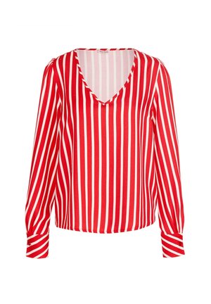 Red and white striped long-sleeve blouse with a V-neck, featuring a relaxed fit and buttoned cuffs. Smooth fabric with a slight sheen.
