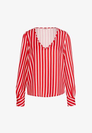Rood en wit gestreepte blouse met lange mouwen en een V-hals, met een relaxte pasvorm en met knopen afsluitbare manchetten. Glad stof met een lichte glans.
